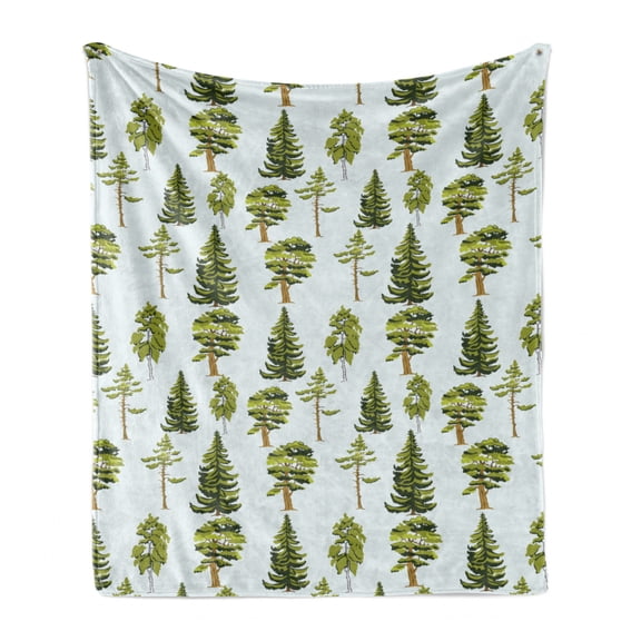 Leaves Soft Flannel Fleece Throw Blanket, Repetitive Pine Oak Fir Trees Motifs on Pastel Toned Backdrop Pattern, Cozy Plush for Indoor and Outdoor Use, 50" x 60", Baby Blue Apple Green, by Ambesonne