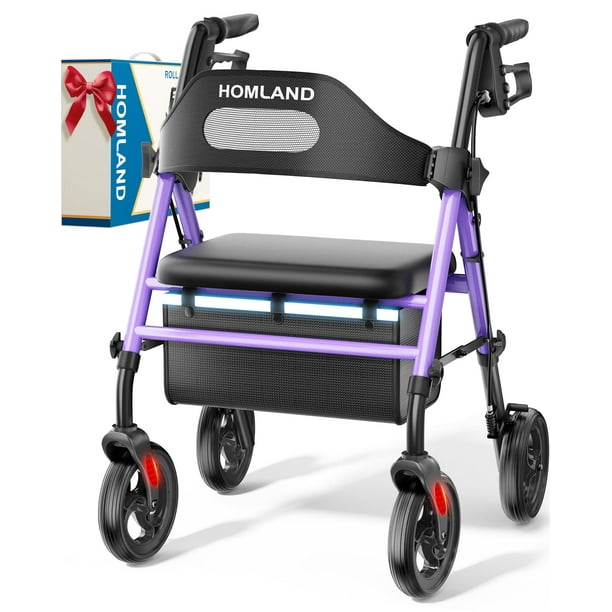 Andador plegable HOMLAND con asiento para personas mayores, ruedas grandes de 8", capacidad de peso de 350 lb, asas y altura del asiento ajustables, ligero, morado