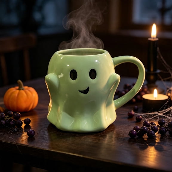 Gecau Halloween Themed Ghost Shape Mug Weird Drinking Cup Ceramic Ideal Decor for Halloween Party Home Must Have Gift 450ml