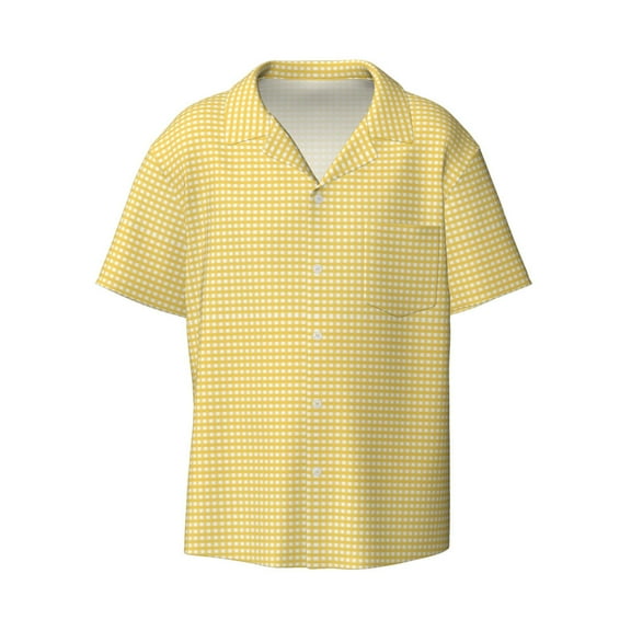 Ratiio Yellow Gingham Print Mens Casual Short Sleeve Shirts Button Down Textured Shirts Summer Beach Shirt with Pocket Men's Casual Short-sleeved Shirt