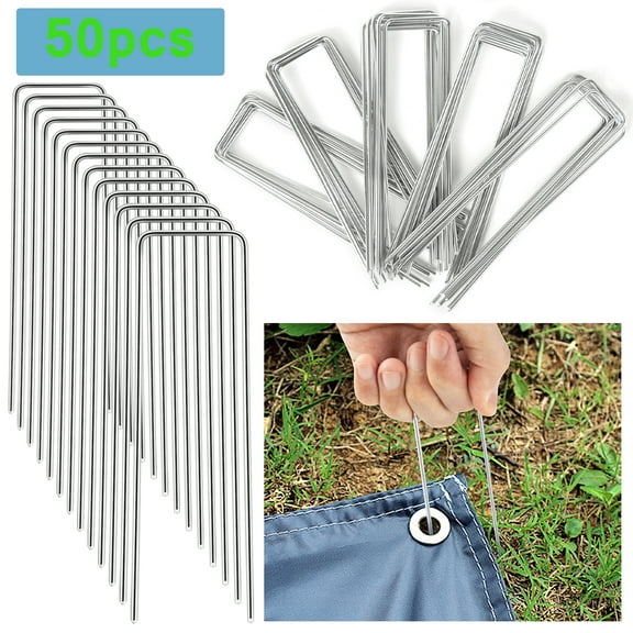 50Pcs U Shape Garden Landscape Stakes, Galvanized Steel Heavy-Duty  Lawn Pine Nails, Ground Sod Turf Pins for Orchard, Yard, Tents and Farms,  6 Inch
