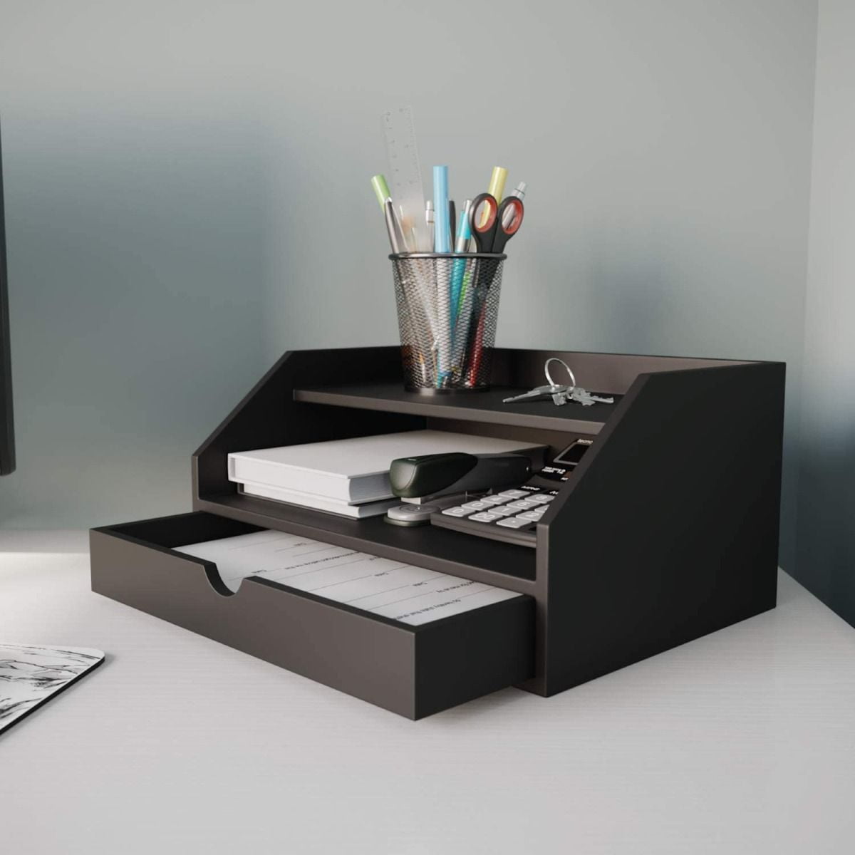 Ballucci Desk Organizer with Drawer, 3 Tier Paper File Holder and Mail Sorter, Black