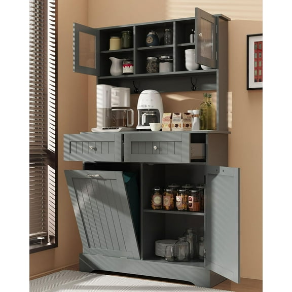 Tilt Out Trash Cabinet,Storage Cabinet,Two Solid Wood Hideaway Trash Holder Drawers,Wooden Freestanding Recycling Cabinets,Trash Can for Kitchen,Gray