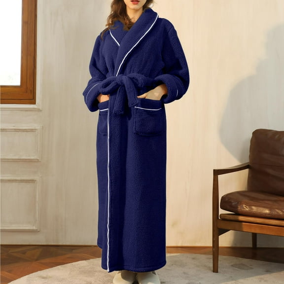 Charella Women's Hooded Fleece Robe Soft Fluffy Long Bathrobe Winter Warm Sleepwear with Pockets Navy,XL