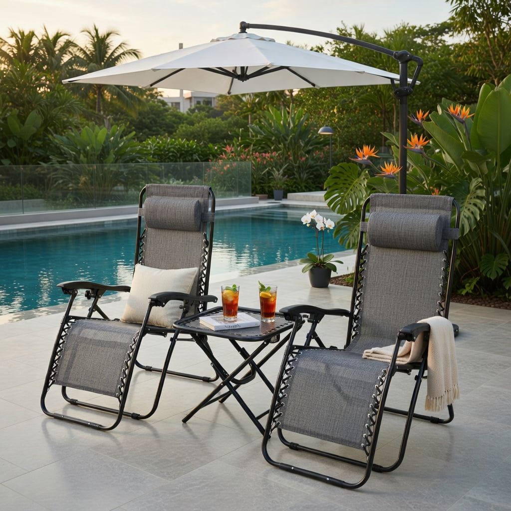 Hommoo 3-Piece Foldable Zero Gravity Lounge Chair Set with Portable Table, Steel Frame, Textilene Fabric, Outdoor Patio, Beach & Deck Recliners, Gray