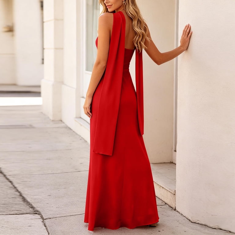 knee length dresses for ladies Champagne Scarf Asymmetrical Split Maxi Elise Dress – SABO main image 0
