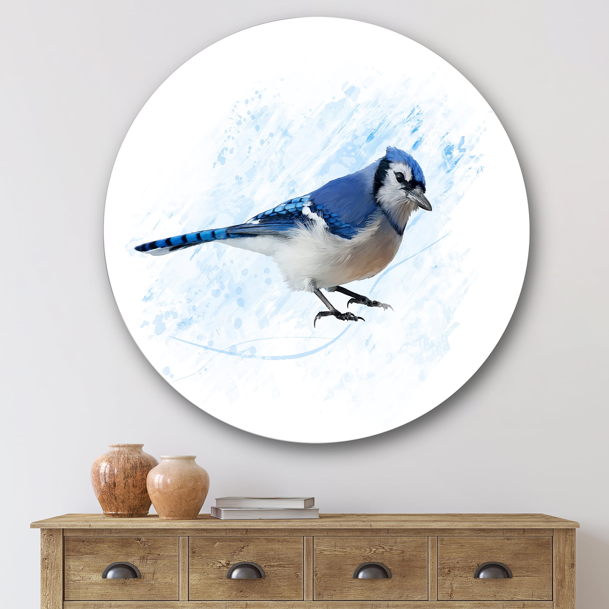Designart 'Ancient Blue Jay Bird' Traditional Circle Metal Wall Art 29x29 - Disc of 29