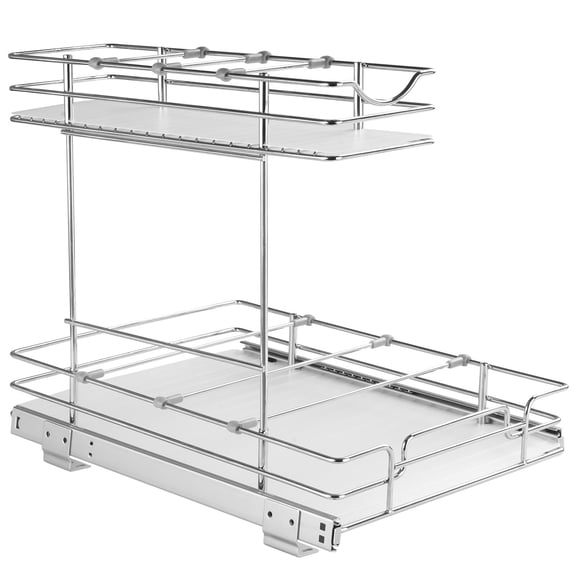 KFFKFF Dual Layer 12"W x 17"D Sliding Cabinet Storage, Robust Pull Out Pantry Racks, Steel with Chrome Finish Roll Out Compartments, Glide Out Storage for Kitchen Cabinet, Bathroom, Beneath Sink