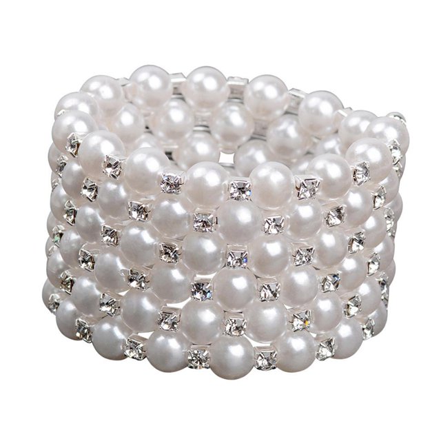 maskred Scintillant Perle Strass Bracelet Extensible pour Mariage Femmes Bal Bijoux Éblouissants Blanc 6 Rangée 1Set