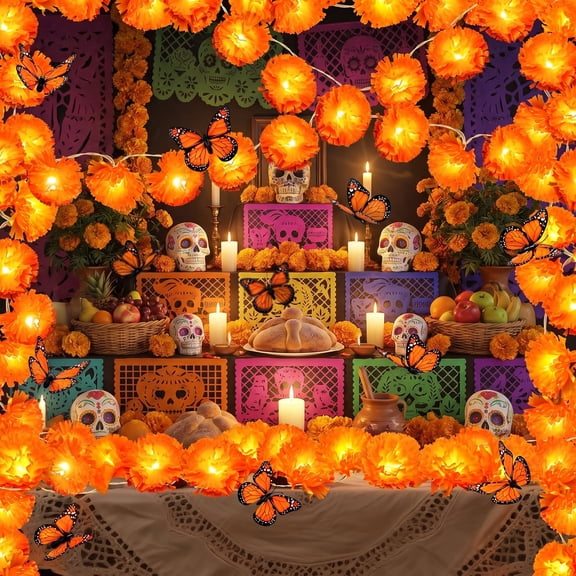 Leyaron Day of the Dead Decor, 2 Pack 6.6 FT Artificial Marigold Flowers Garland for Dia De Los Muertos Diwali Indian Altar Thanksgiving Halloween Home Decor