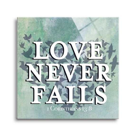 Love Never Fails Bluegreen Bird Heart 12 x 12 Glass Wall Hanging Sign