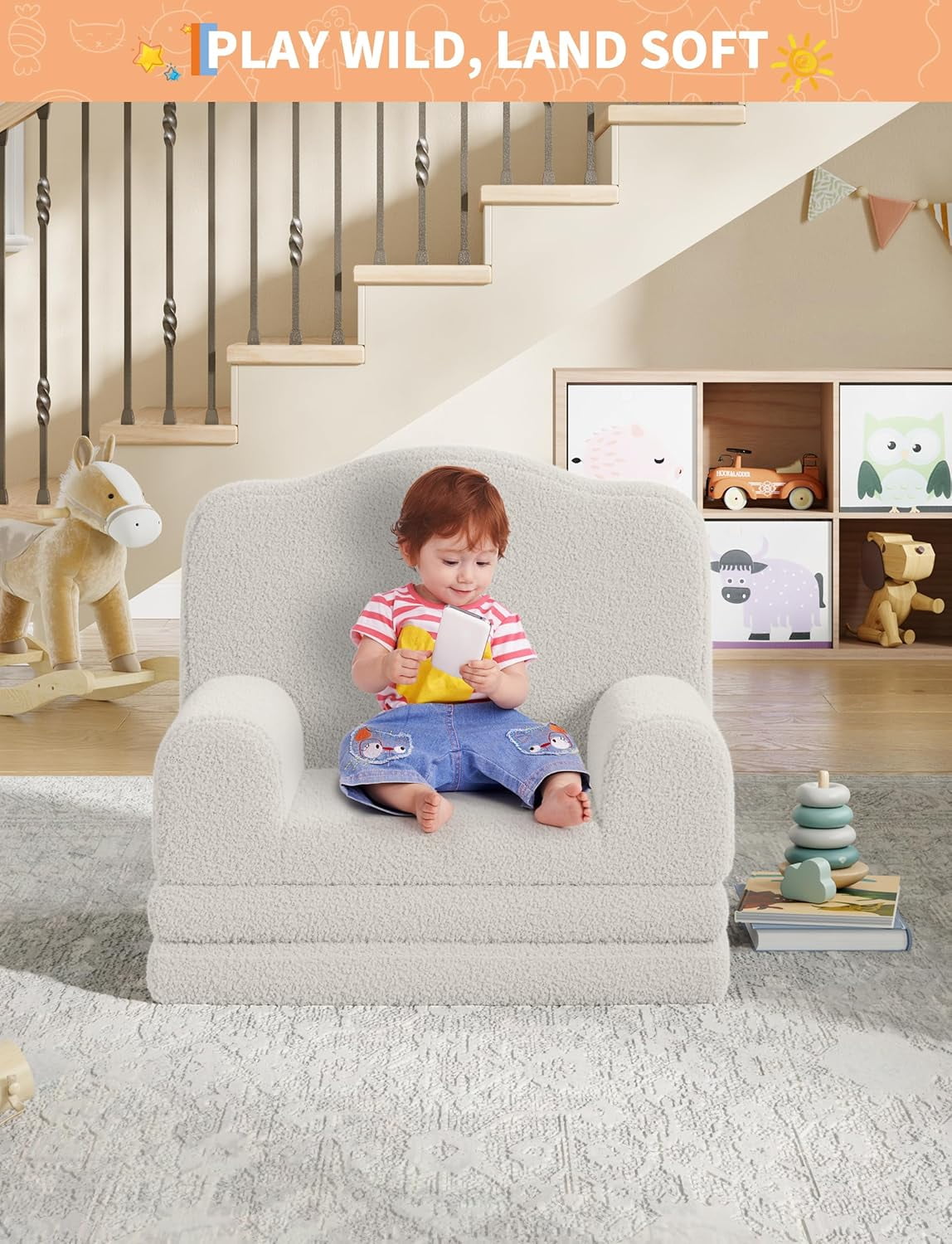 Kids Couch, 2-in-1 Convertible Teddy Fleece Fabric Toddler Sofa Chair, Soft Fold Out Couch Lounger for Kids, Comfy Children's Sofa Bed for Playroom, Nursery, Birthday Gift (White Crown)