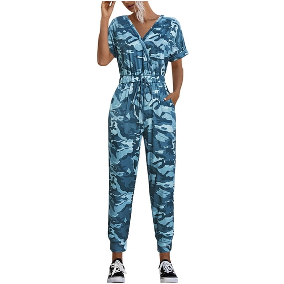 Women's Camouflage Jumpsuit Casual Elastic High Waist Jumpsuits Bottom Pants V Neck Romper Trousers with Pockets