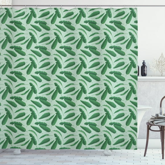 Banana Leaf Shower Curtain, Jungle Rainforest Nature Theme Pattern with Tropical Foliage, Fabric Bathroom Set with Hooks, 69W X 75L Inches Long, Forest Green and Almond Green, by Ambesonne