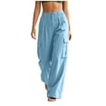 thumbnail image 5 of GUACER Womens Wide Leg Cargo Pants Button Waist Cotton Linen Casual Utility Trousers Pockets, 5 of 8
