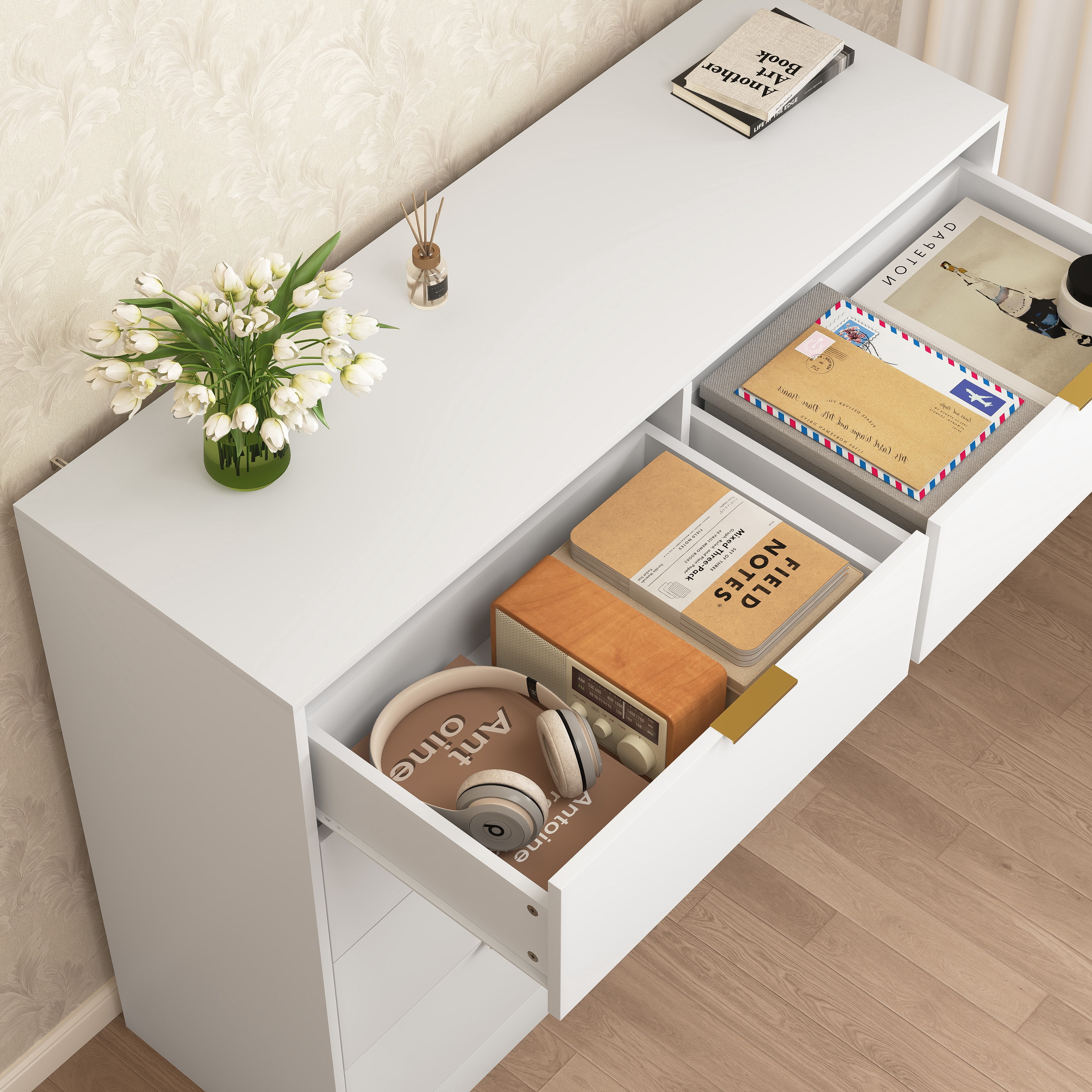 Mintazer Tall Dresser with 8 Drawers, Storage Chest of Drawers with Gold Metal Handles for Entryway Bedroom Living Room Hallway, White