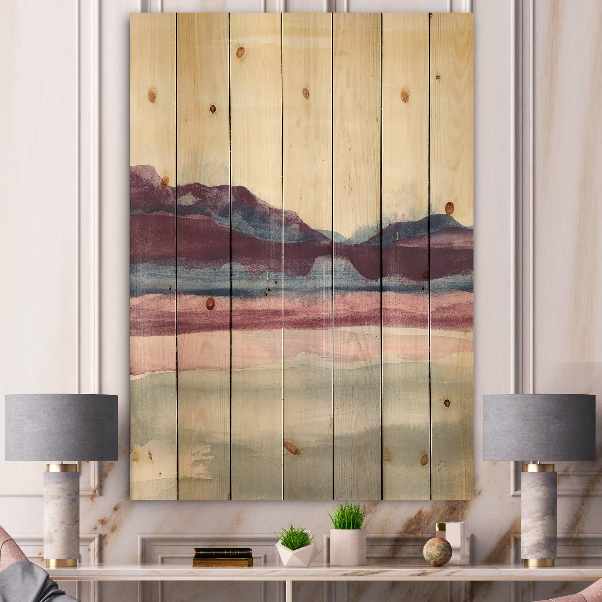 Designart 'Shabby Watercolor on Purple I' Shabby Chic Print on Natural Pine Wood
