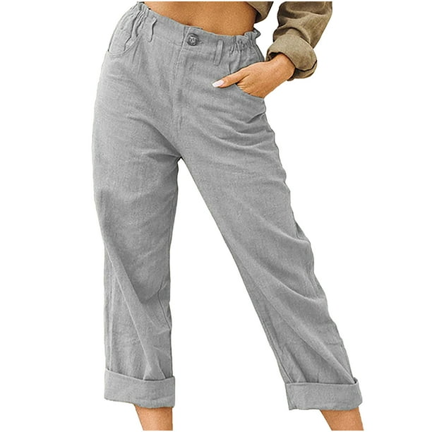 Women Cotton Linen Pants Casual Comfy Button Elastic Waist Beach Trousers  Loose Straight Leg Crop Pants with Pockets
