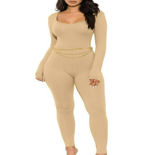 Women Long Jumpsuit Solid Color Long Sleeve U Neck Slim Bodysuit