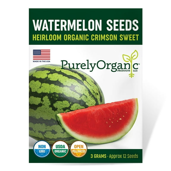 Purely Organic Crimson Sweet Watermelon Seeds - USDA Organic, Non-GMO, Open Pollinated, Heirloom, USA Origin, Fruit Seeds, Annual, Prefers Full Sun