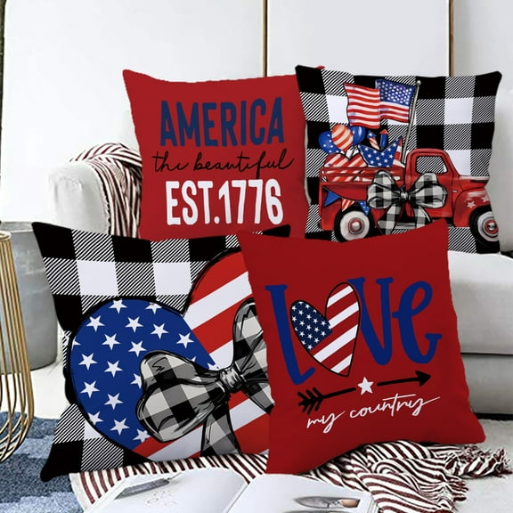 Clerance PEONAVET 4th of July Throw Pillow Covers 18x18 Set of 4, Red White Blue Pillow Case Cushion Covers for Couch Sofa, Independence Day Decorative Pillow Cover for Home Decor