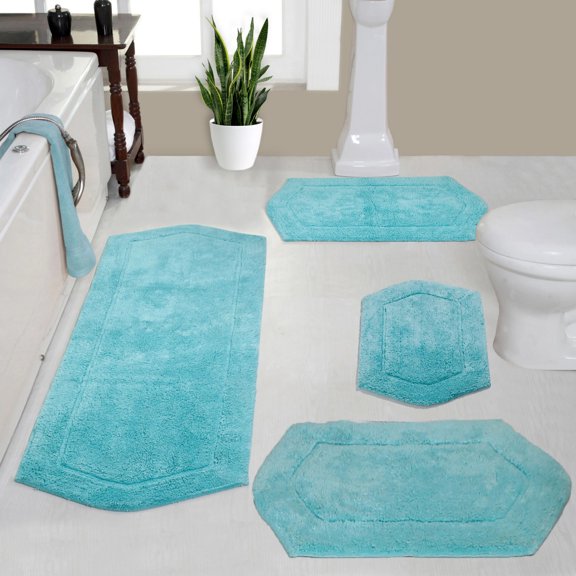 Home Weavers Waterford Collection 100% Cotton Non-Slip Bathroom Rug Set Machine Washable Bathroom Rug, Bath Rug, Bathroom Rug, Runner, Turquoise Color 4 Piece Bath Rug set