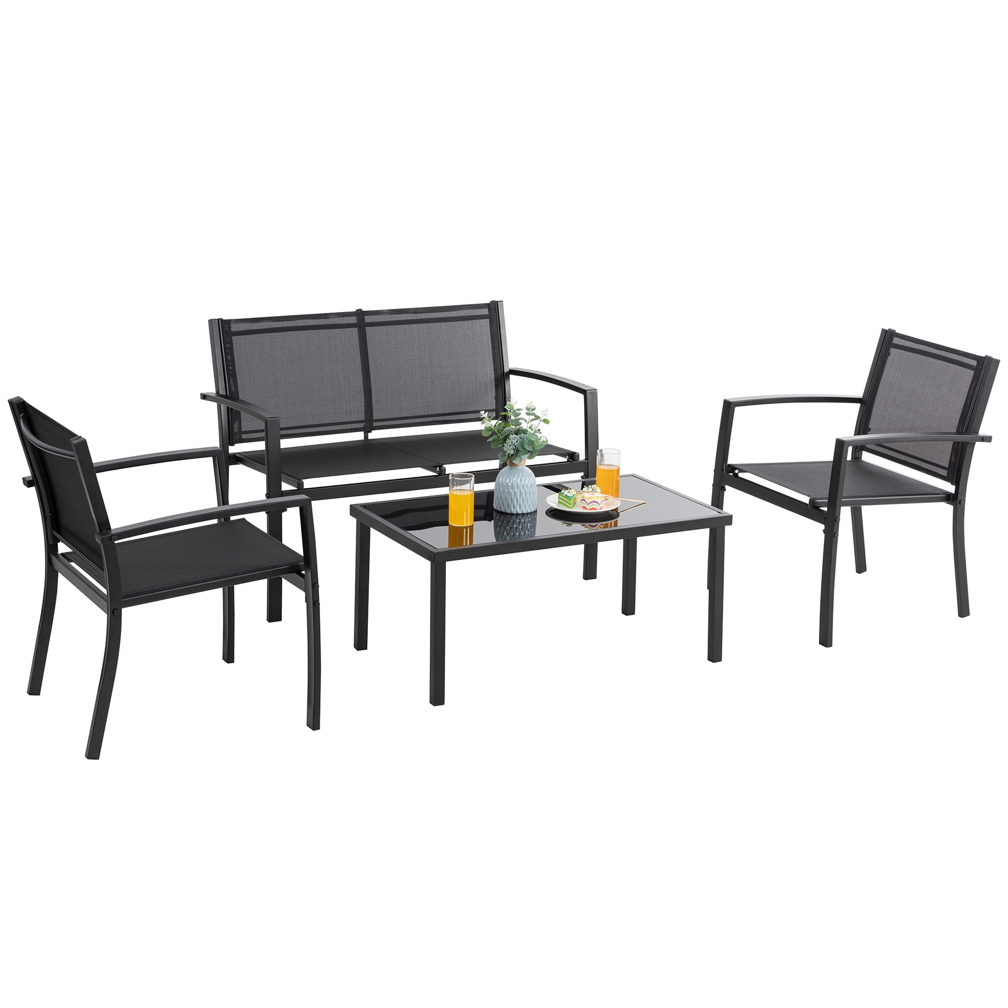 Walsunny 4 Pieces Outdoor Furniture Set All Weather Patio Textilene Steel Conversation Set, Patio Furniture Set Bistro Set with Loveseat ea Table for Lawn and Balcony, Black