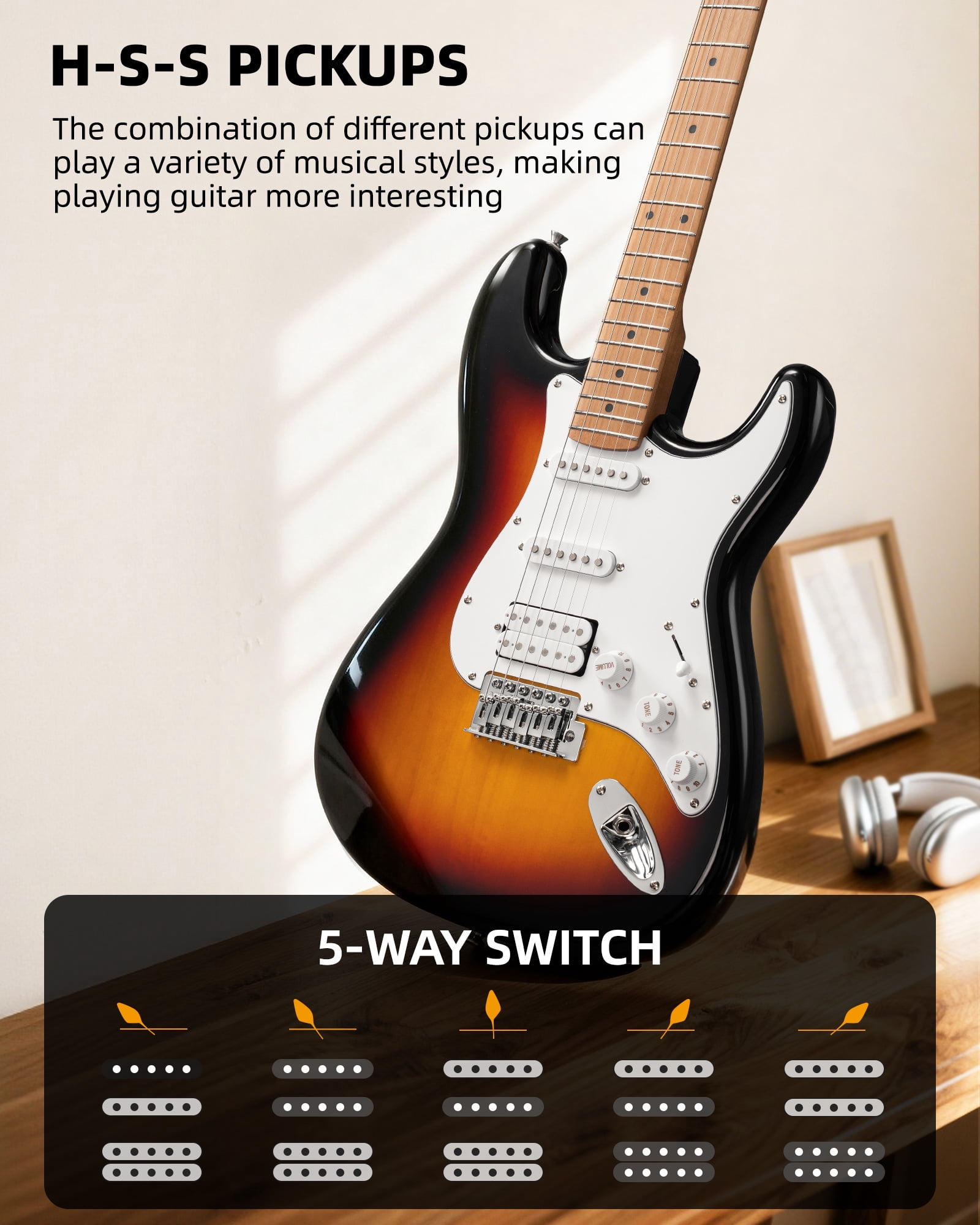 LEKATO 39-inch Electric Guitar Kit for Beginner Roasted Maple Neck & Fingerboard Stainless Steel Rounded Head Frets with Amplifier, Bag, Capo, Strap, String, Tuner, Cable, Picks