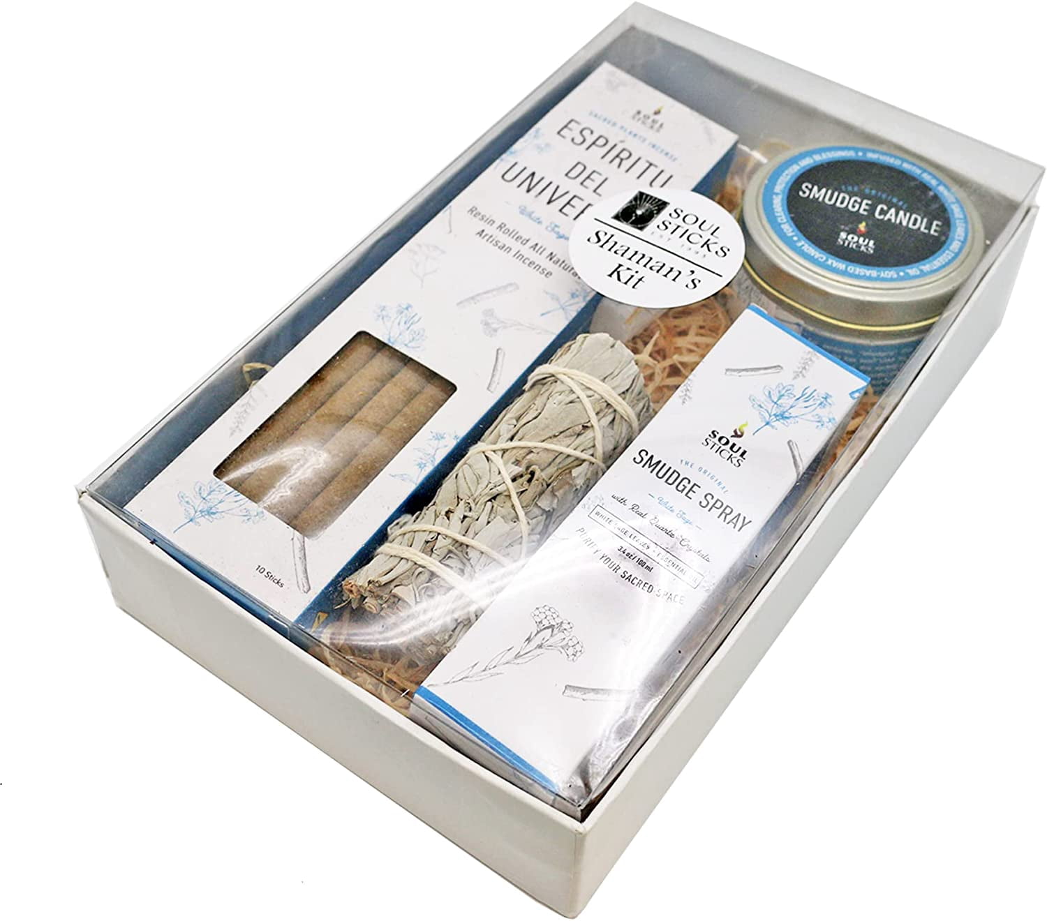 Soul Sticks Shaman's Kit White Sage Gift Set with Espiritu Incense Sticks, Sage Smudge Stick, Smudge Candle, Smudge Spray, 4" Selenite Wand in White Gift Box