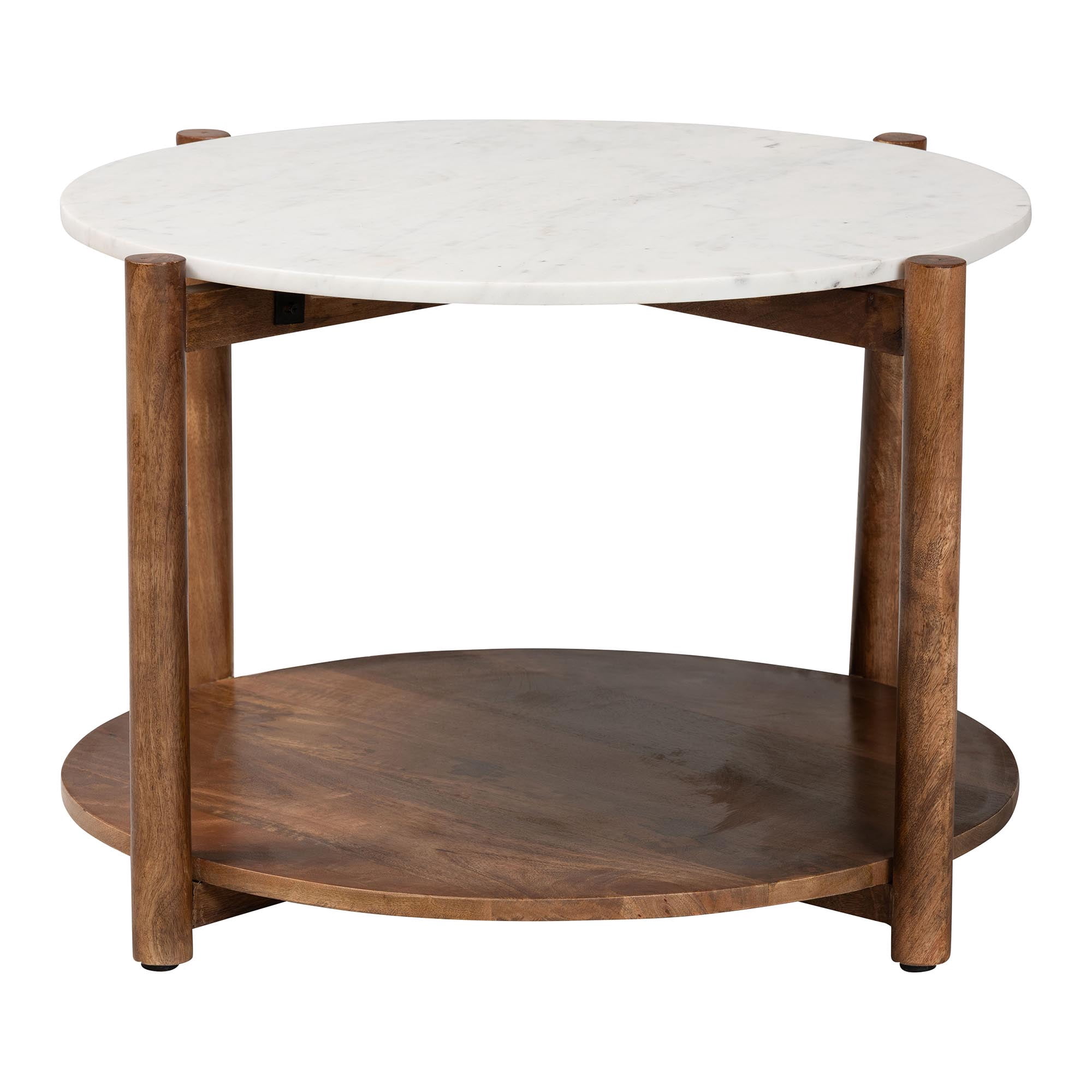 Baxton Studio Quindalyn Round Marble Coffee Table - Modern Accent Table with Mango Wood Frame and Open Shelf Storage for Living Room or Seating Areas