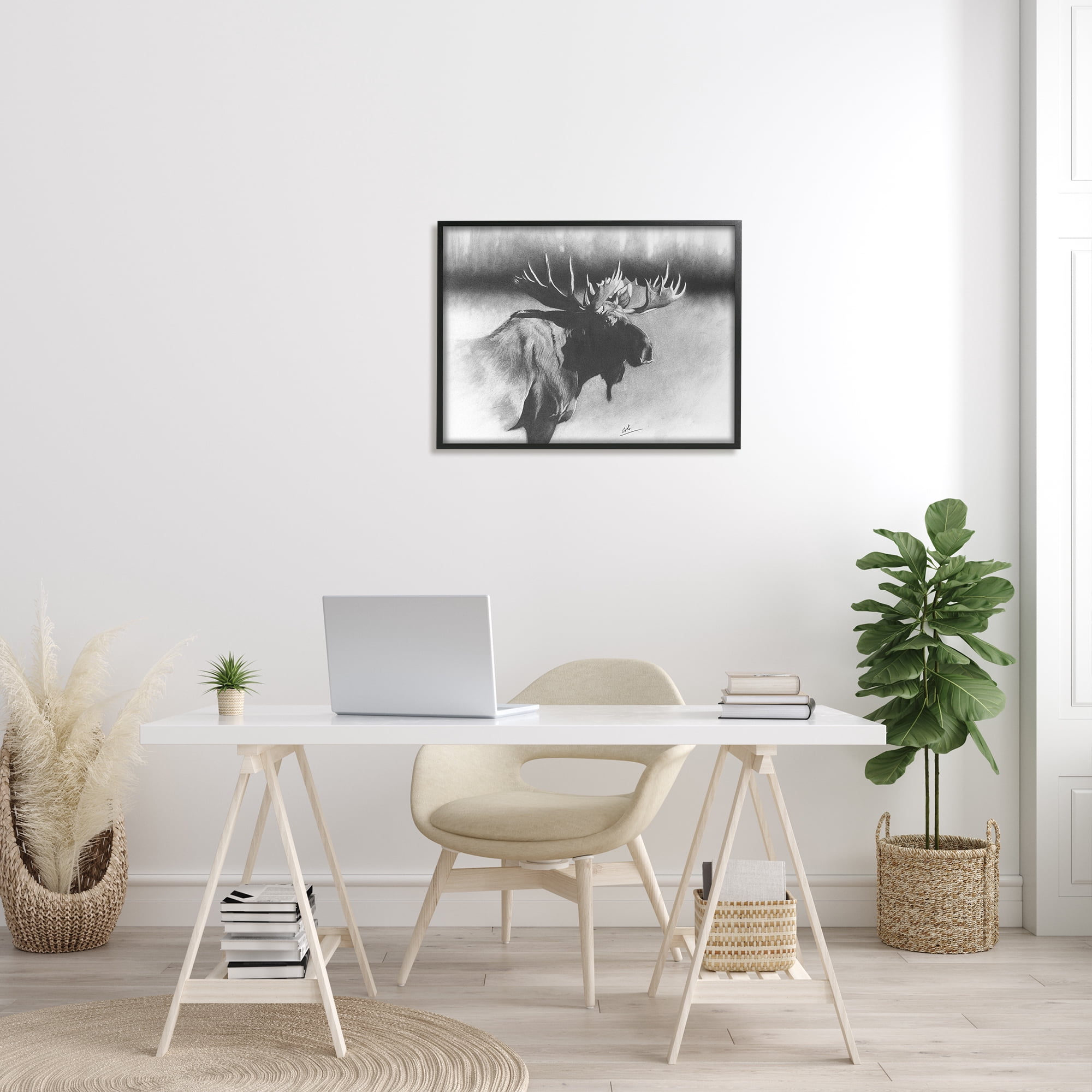 Stupell Industries Moose in Rustic Forest Realistic Pencil Animals & Insects Drawing Black Framed Art Print Wall Art, 24 x 30