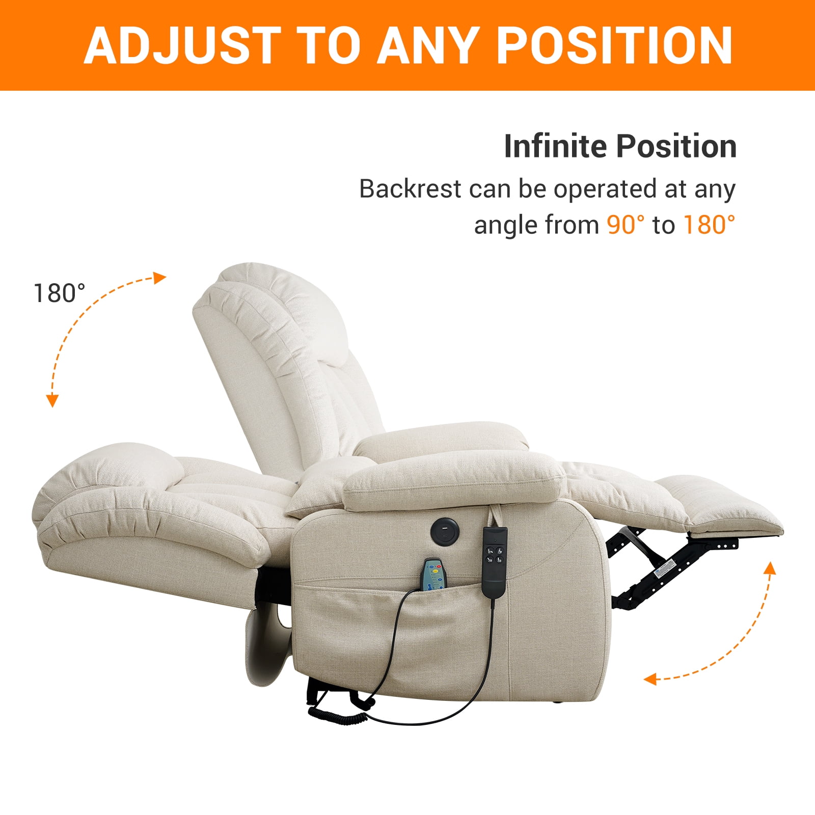 TEKAMON Infinite Position Lift Recliner Chair for Elderly with Heat and Massage Lay Flat Sleeping Power Lift Chair, Linen Fabric, Beige