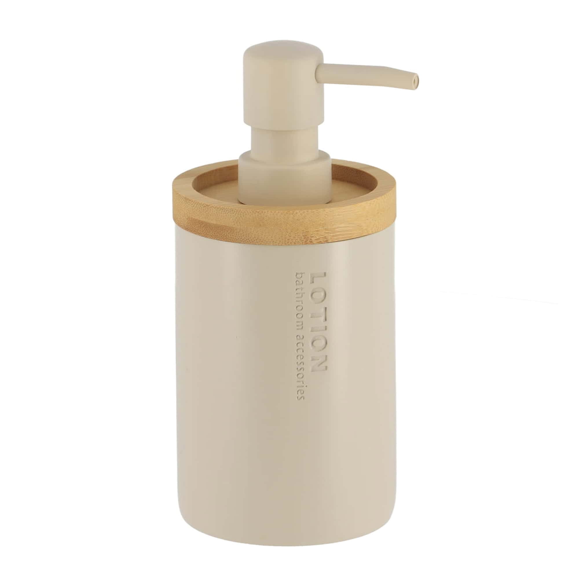 Stylish Matte Beige Soap Dispenser with Natural Bamboo Top - Polyresin Hand Lotion Pump, Modern Bath Accessory