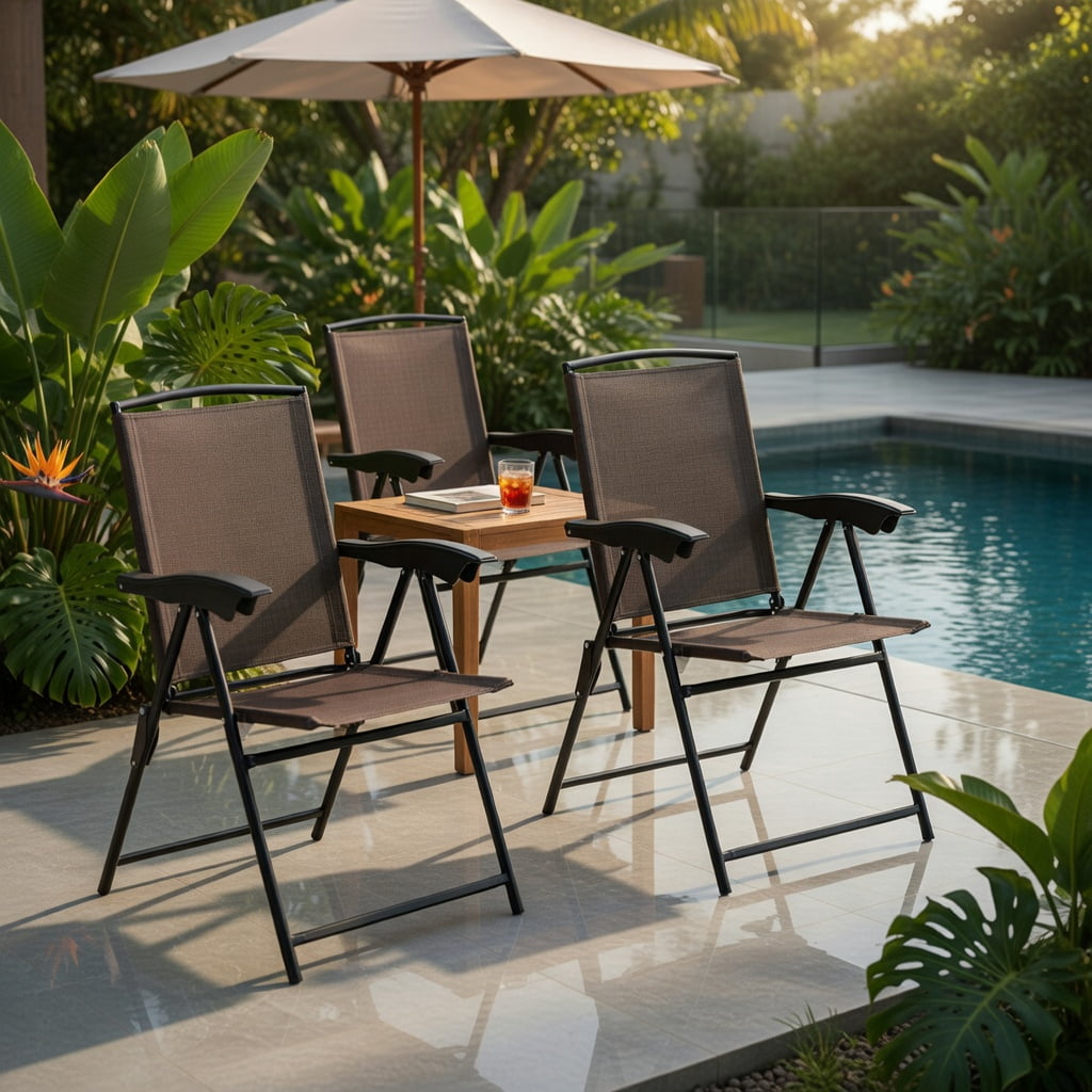 Hommoo 4-Pack Foldable Outdoor Dining Chairs with Adjustable Sling Back, Rust-Resistant Steel Frame, Breathable Fabric, for Patio, Poolside, Balcony & Indoor Use, Brown