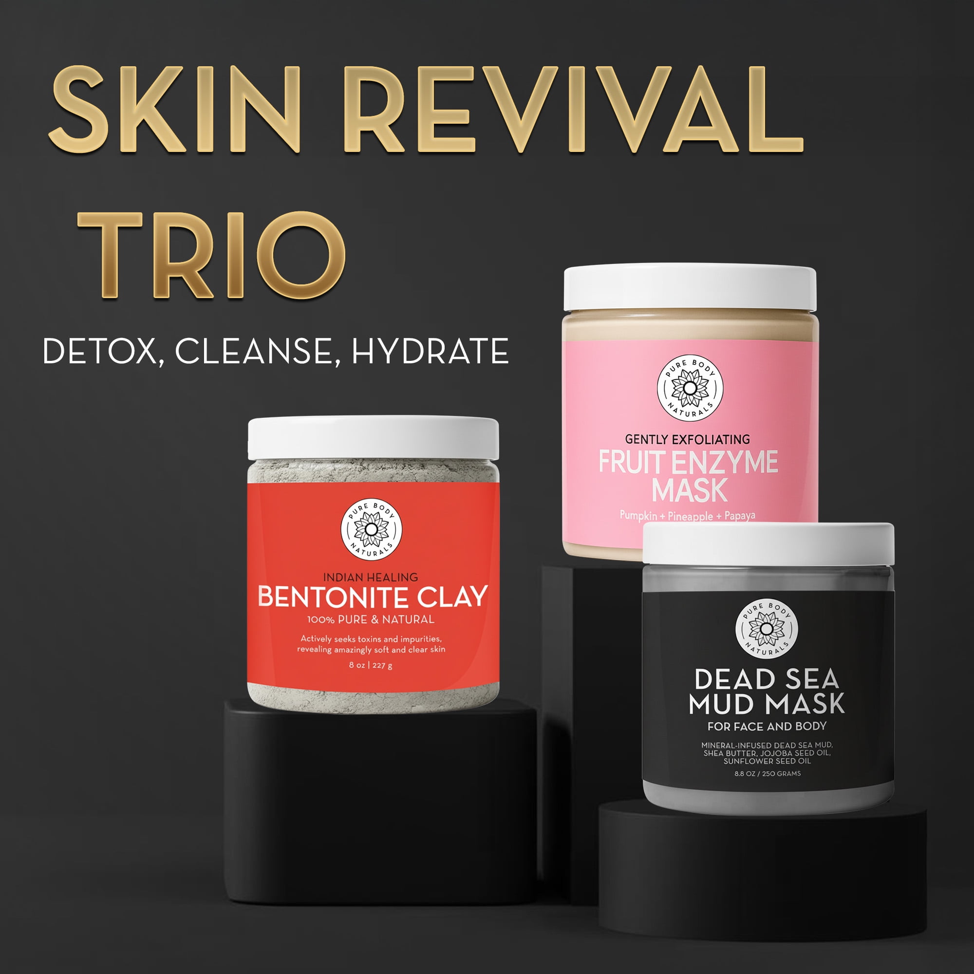 Pure Body Naturals Face Mask Gift Set – Bentonite Clay, Dead Sea Mud and Fruit Extract Mask