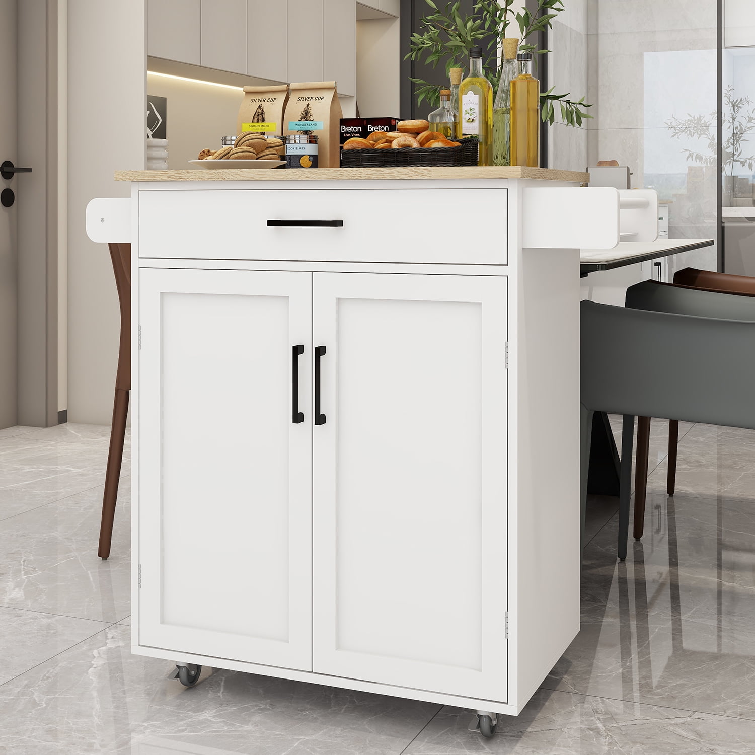 MDQMD Kitchen Island on Wheels, 2-Door Cabinet, Storage Drawer, Open Shelf, Kitchen Storage Island with Large Worktop,Kitchen Serving Cart for Dining Room Bar (White)