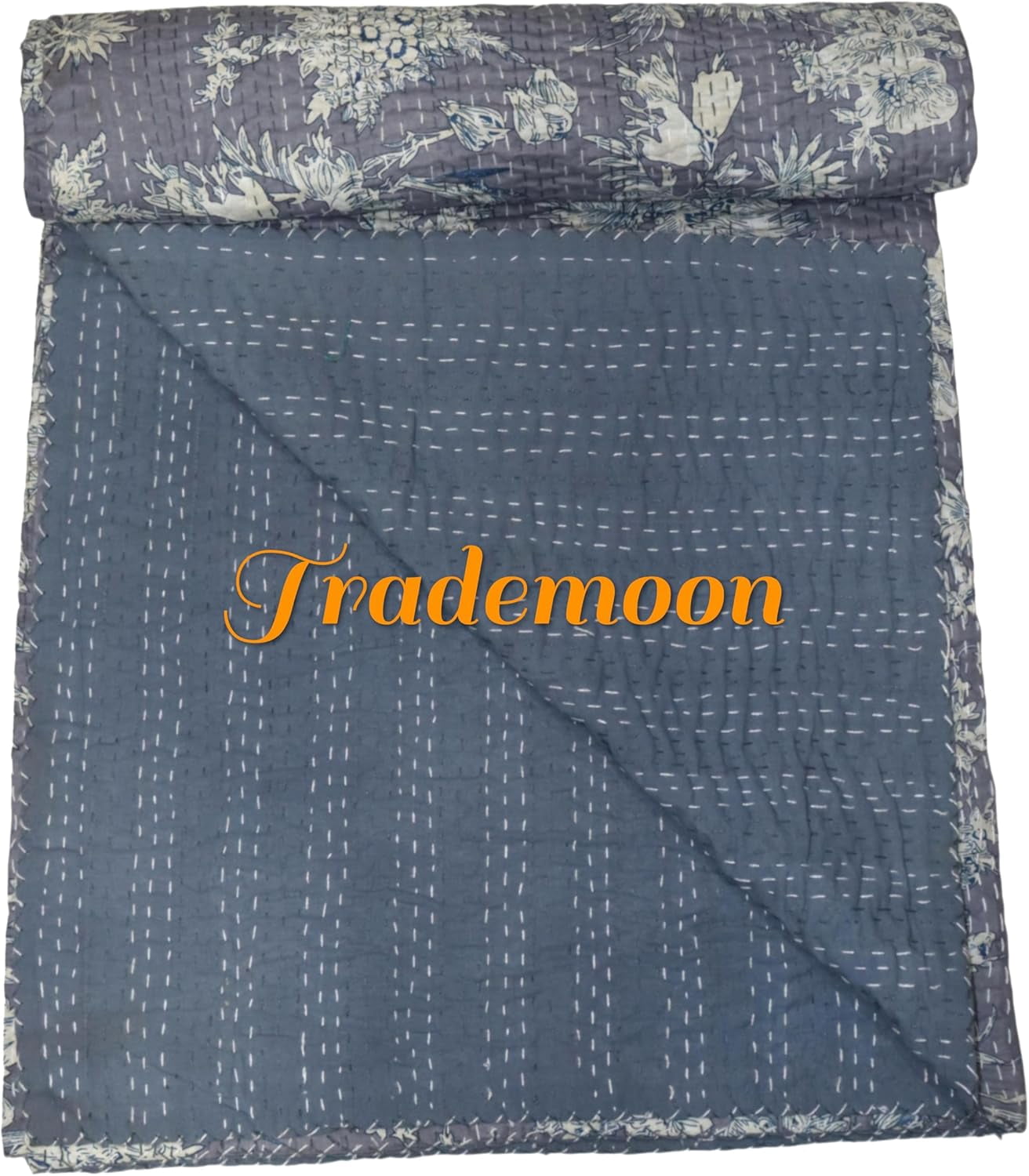 Indian Vintage Floral Kantha Quilt, Gray Cotton Bedspread with White Stitched Pattern, Kantha Gudri (Twin Size - 60" x 90")