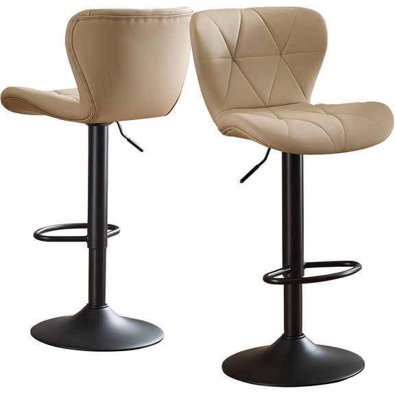 2 Pack Adjustable Swivel Bar Stools, Faux Leather with Back, Khaki