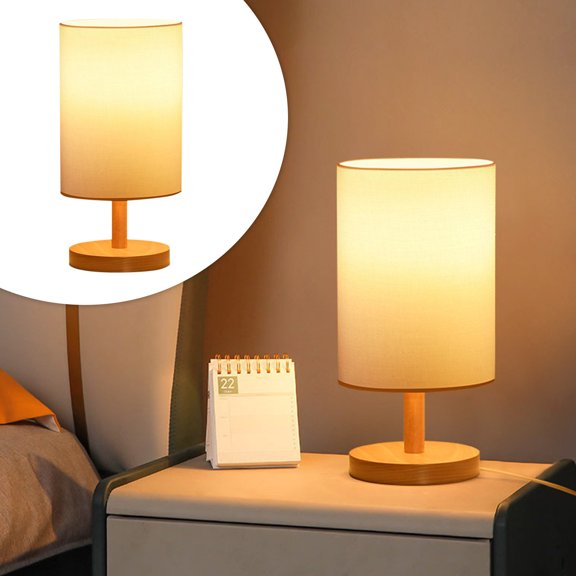 100Fens Bedside Table Lamp - Small Bedroom Lamps For Nightstand,Solid Wood Lamp With Fabric Shade,Minimalist Desk Reading Lamps For Living Room Office Dorm