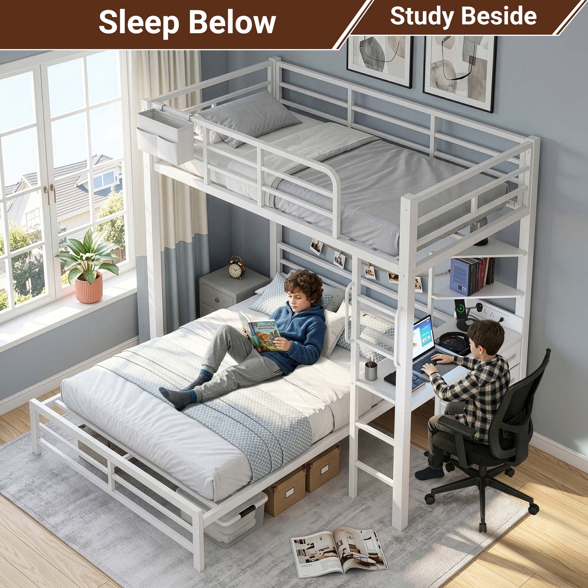 Miniyam Twin over Full Metal Bunk Bed with Desk and Storage, White