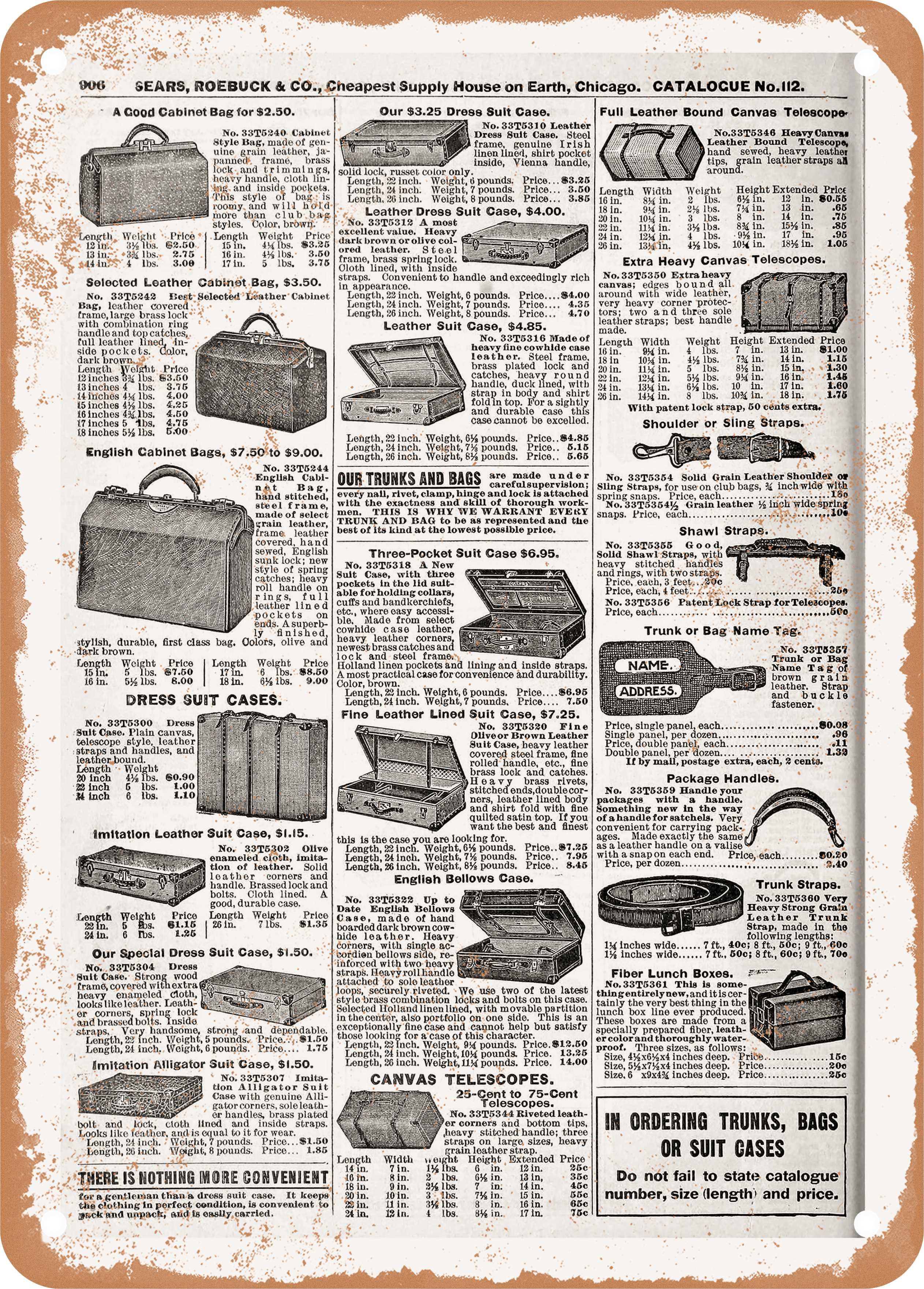 7 x 10 Metal Sign 1902 Sears Catalog Page Reproduction Featuring