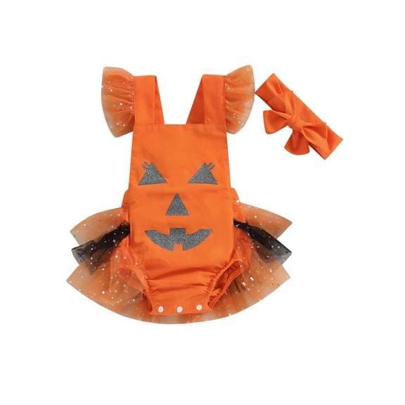 Wassery Infant Baby Girls Halloween Romper Pumpkin Print Sleeveless Sequin Mesh Ruffle Jumpsuits Headband 3 6 12 18 24 Months Newborn Spring Autumn Onesie Bodysuits