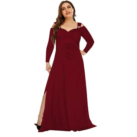 

Plus Size Dress for Women Wedding Guest Hide Stomach Slit Dress Sexy Cold Shoulder Long Sleeve Party Long Dresses