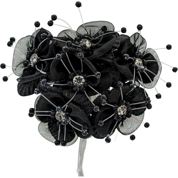 72PC Black Artificial Organza Flower Rhinestone Pick for Home Craft Decor DIY Wedding Bridal Veil Headband Dress Cake Topper Embellishment Scrapbook Favor Corsage Floral Bouquet Arrangement