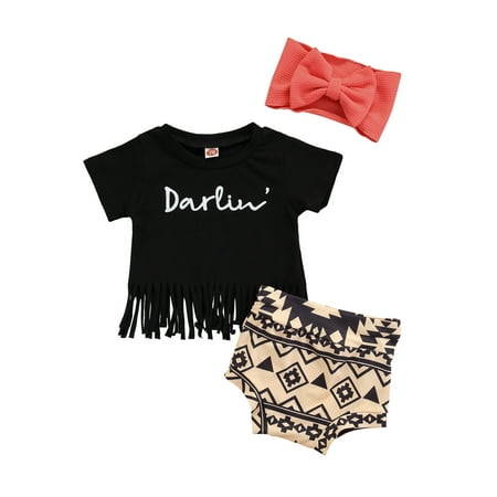 

CIYCuIT Newborn Baby Girls Clothes Sets 3pcs Letter Short Sleeve Tassel T Shirts Snakeskin Print Shorts Headband