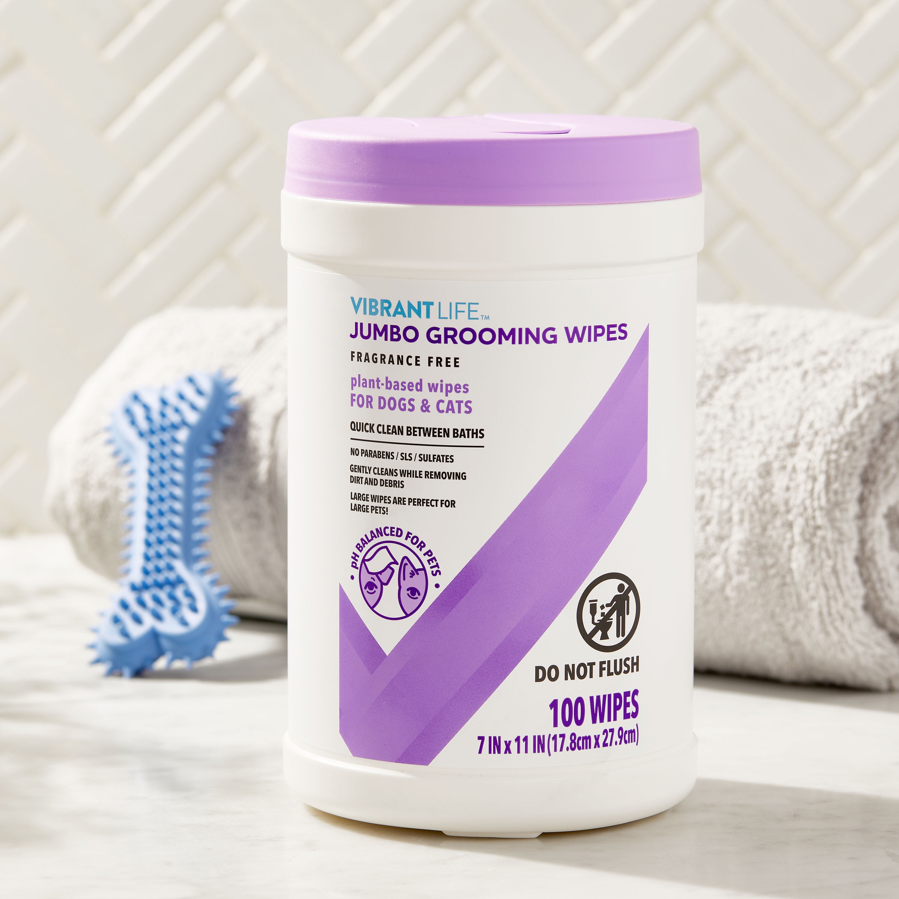 Vibrant Life Jumbo Grooming Wipes for Dogs & Cats, Fragrance Free, 100 Wipes