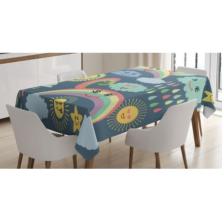 

Rain Tablecloth Nursery Theme Joyful Weather and Sky Figures Concept Such as Rainbows Clouds and Stars Rectangular Table Cover for Dining Room Kitchen 60 X 84 Inches Multicolor by Ambesonne