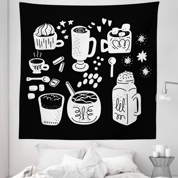 Hot Chocolate Tapestry, Monochrome Winter Mood Beverages Cocoa Coffee Drinks with Flavors, Fabric Wall Hanging Decor for Bedroom Living Room Dorm, 5 Sizes, White Charcoal Grey, by Ambesonne