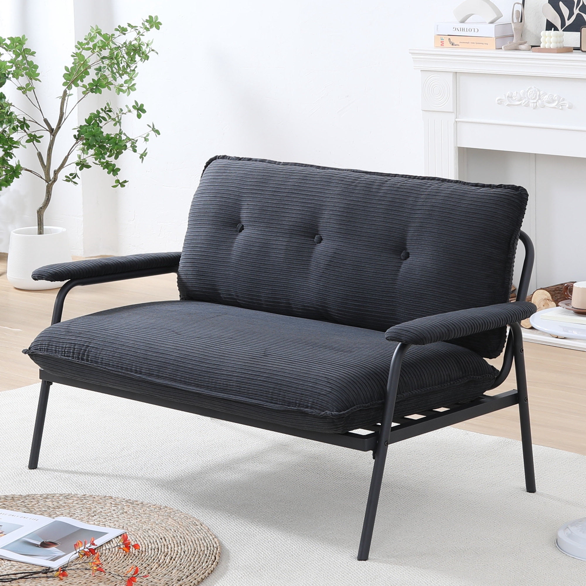 Euroco Striped Upholstered Loveseat with Button-Tufted Backrest and Metal Frame – Compact Modern Sofa for Living Room or Apartment