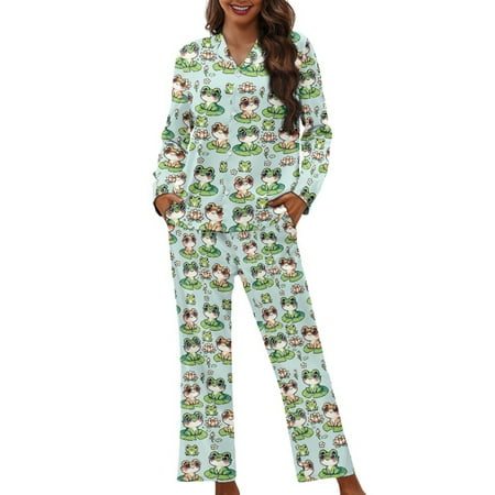 SCRAWLGOD Frogs Women s Pjs Long Sleeve Button Down Pajamas Women 2 Piece Sleepwear V Neck Women Nightwear Pajama Sets Size L Comfy Women Pj with Pockets